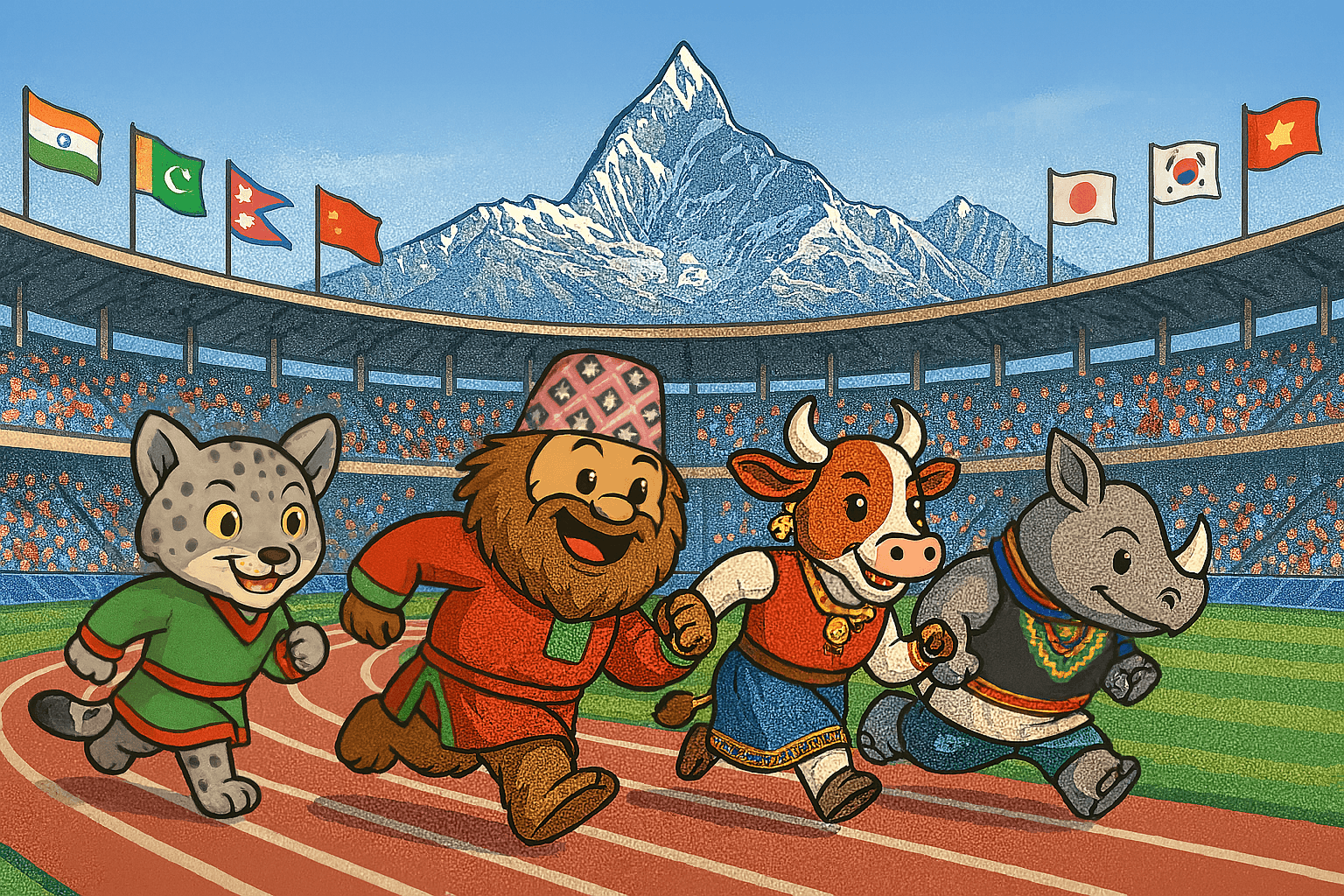 Nepalese athletes running with Himalayan mountains in background